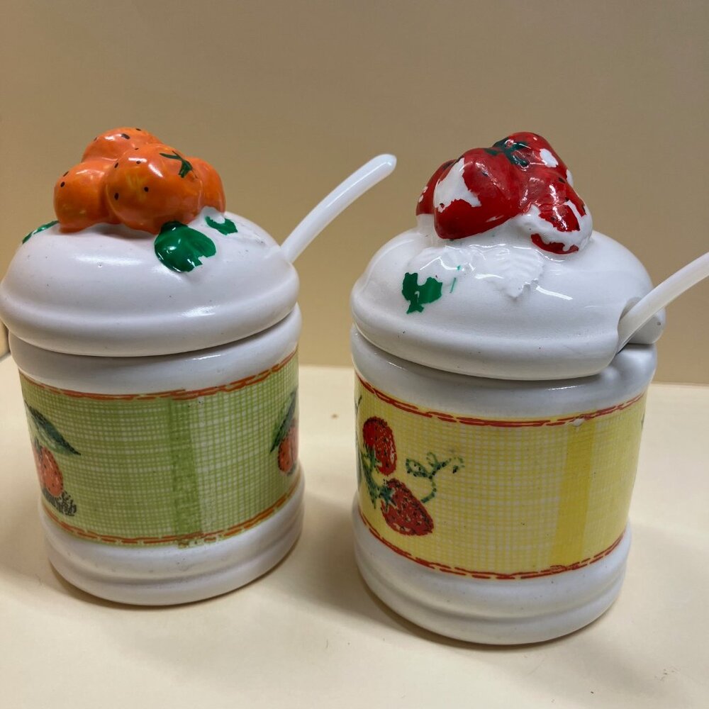 Set 2 Jam Marmalade Ceramic Jars 3"w/Spoon Made in Japan Strawberry Persimmon - Picture 2 of 6